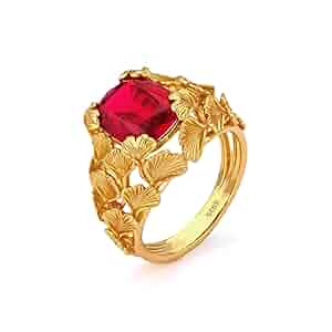 StiloVero Ginkgo Leaf Ruby Ring, 925 Sterling Silver, 24K